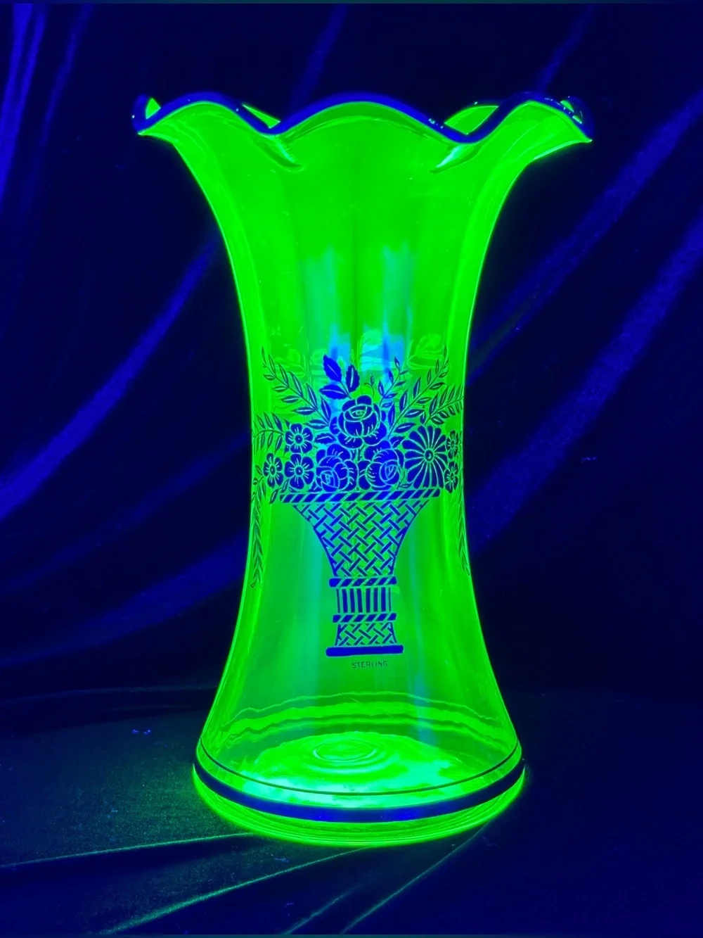 Vintage Art Deco Uranium Glass Vase With Sterling Silver Overlay
